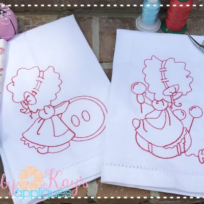 Set of Six Little Sewing Girl Redwork Designs {Four Sizes}