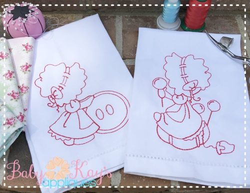 Set of Six Little Sewing Girl Redwork Designs {Four Sizes}