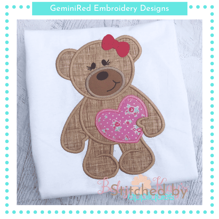 Bear with Heart Girl {Four Sizes} - GeminiRed Embroidery Designs