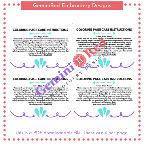PRINTABLE - Coloring Page Care Instructions Cards