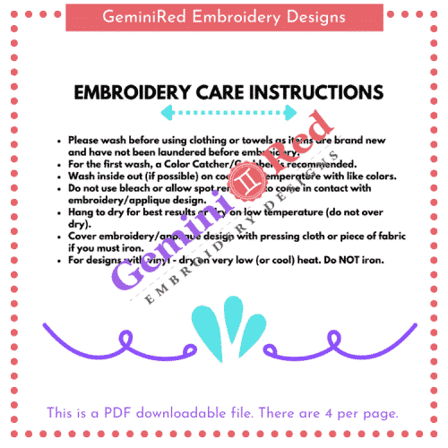 PRINTABLE - Embroidery Care Instructions Cards {version 4}