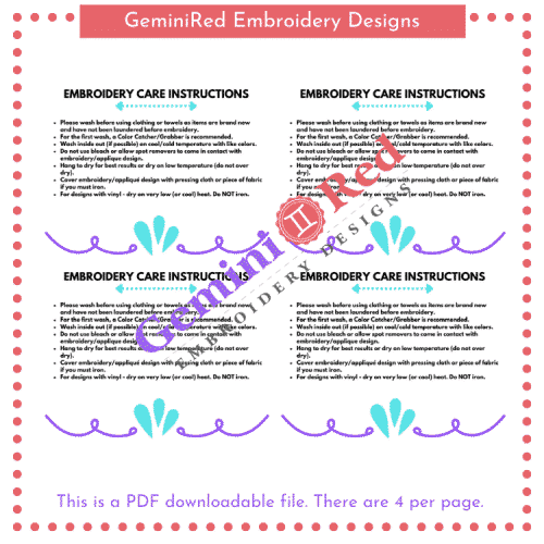PRINTABLE - Embroidery Care Instructions Cards {version 4}