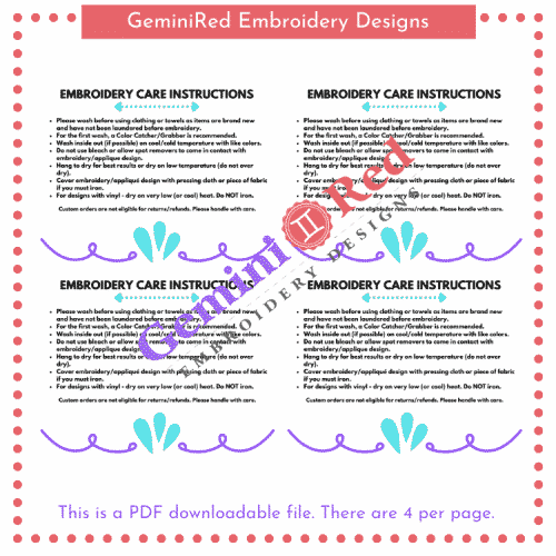 PRINTABLE - Embroidery Care Instructions Cards {version 3}