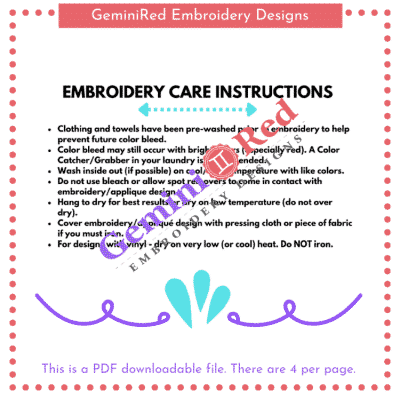PRINTABLE - Embroidery Care Instructions Cards {version 2}