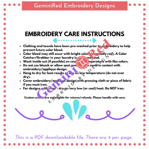 PRINTABLE - Embroidery Care Instructions Cards {version 1}