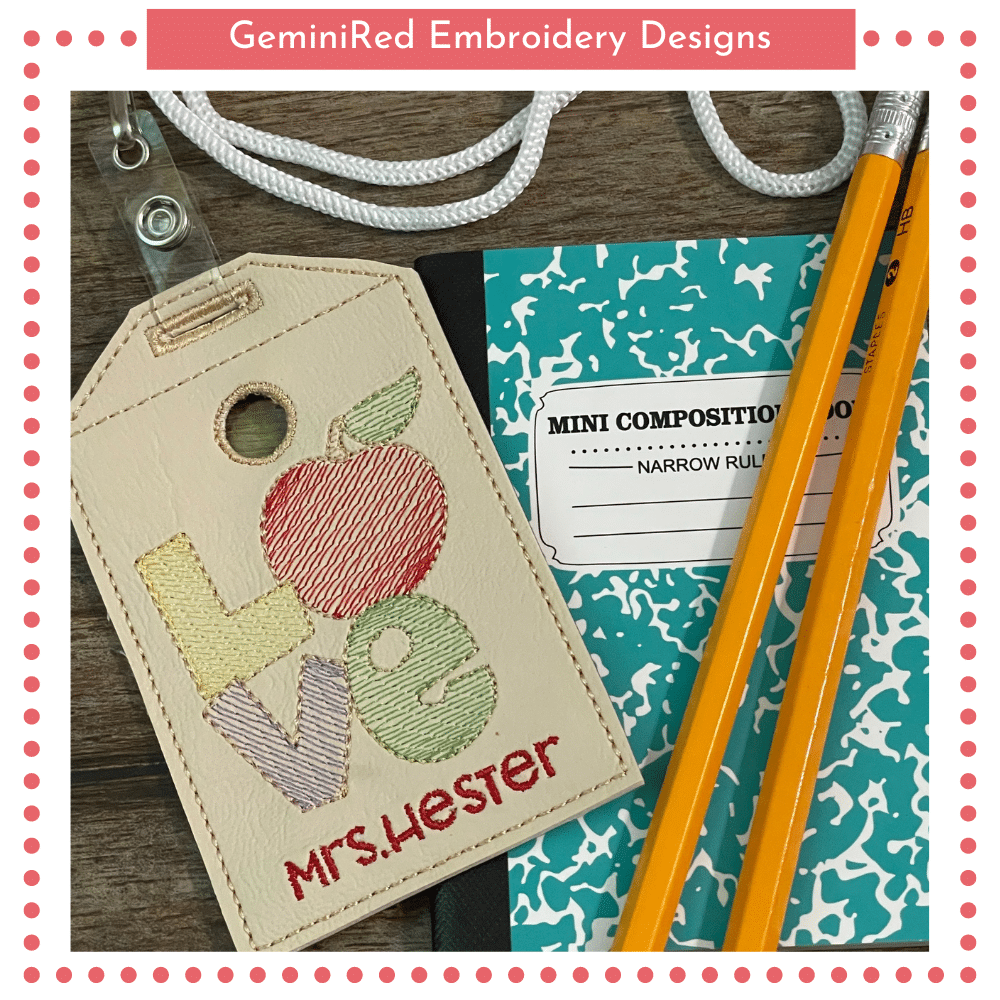 LOVE Apple Alarm ID Badge Holder - GeminiRed Embroidery Designs